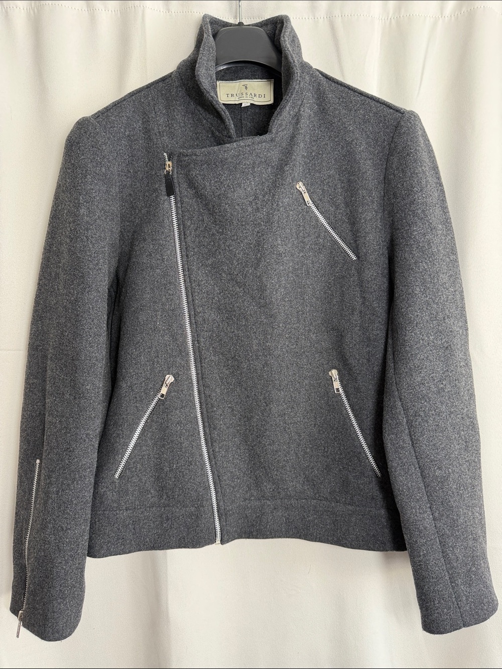 Trussardi Dark Gray Wool Blend Asymmetrical Moto Bomber Jacket Coat Size 44